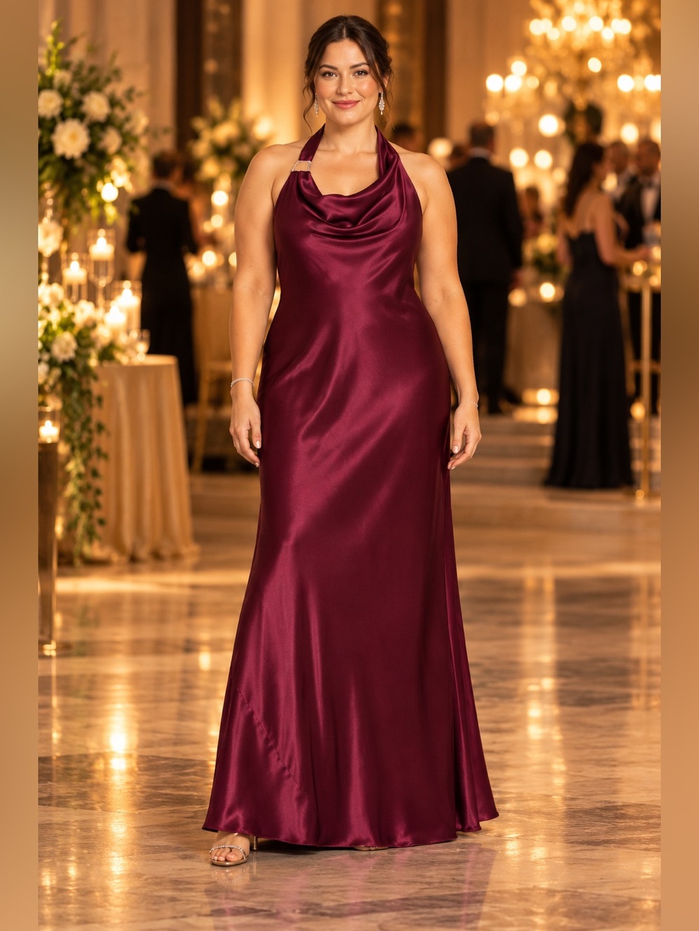 Morgan & Co Maxi Dress Womens XL Black Wine Satin Halter Cowl Neck Open Back NWT